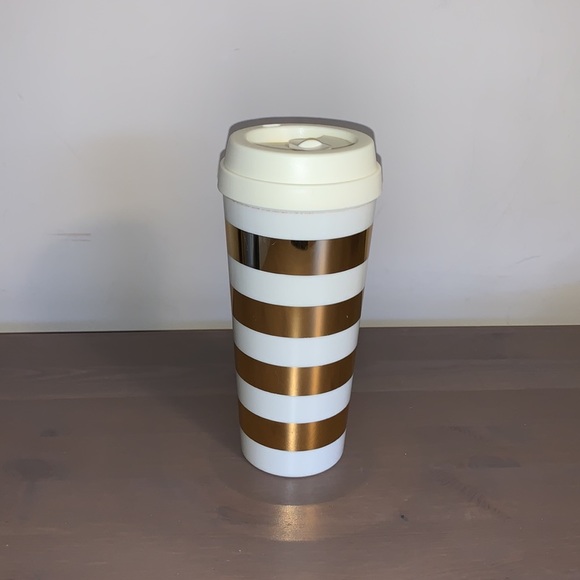 Kate Spade Cream and Gold Striped Plastic To-Go Cup - Picture 3 of 9